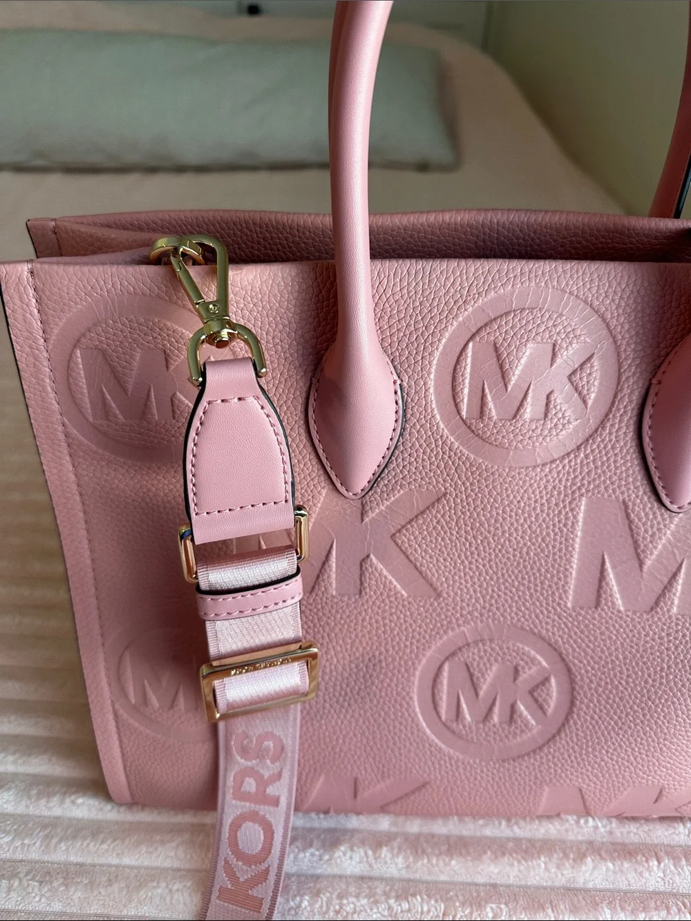 Michael Kors Pink Embossed MK Satchel with Logo Strap